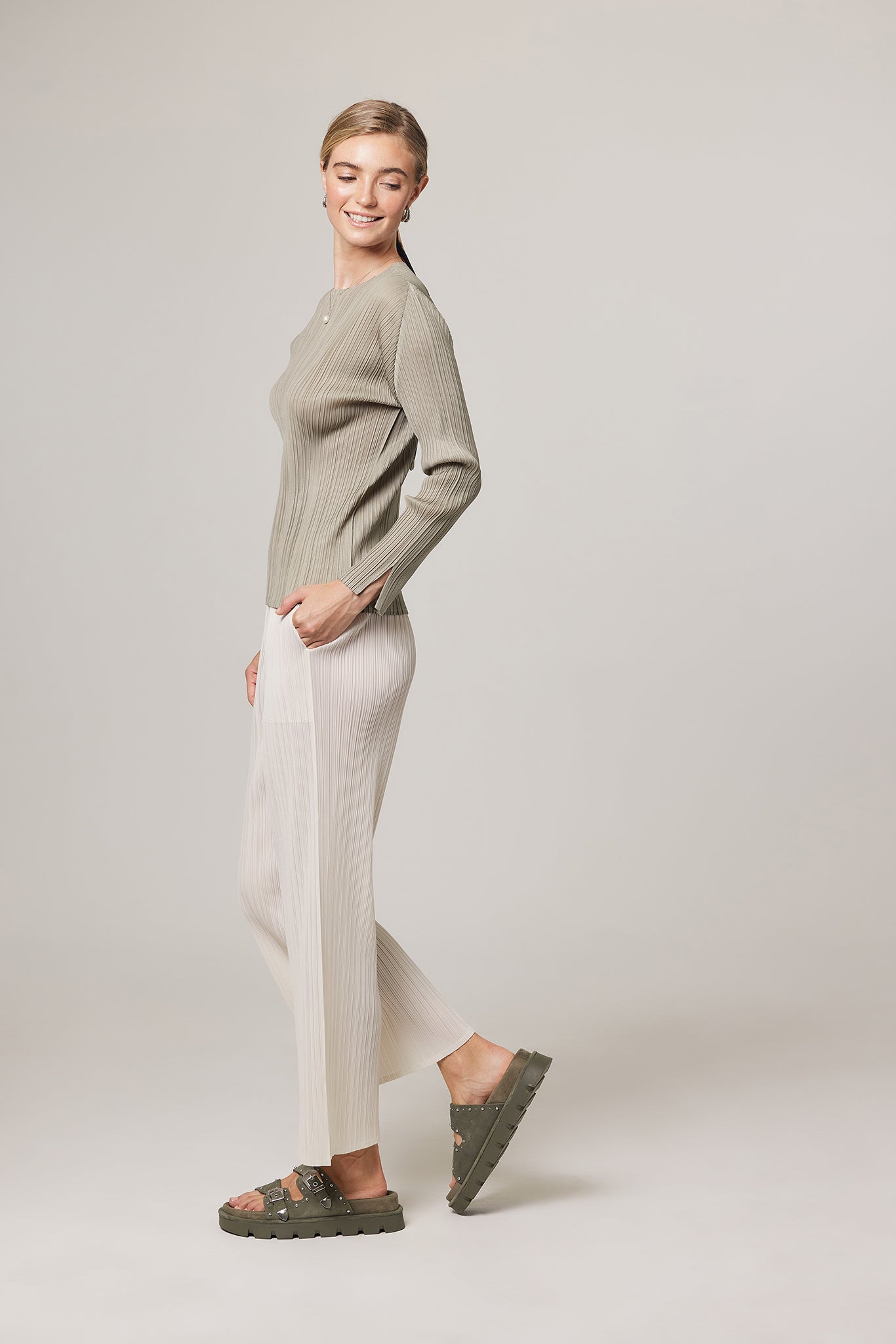 Evelyn Long Sleeve Plissé Satin Top