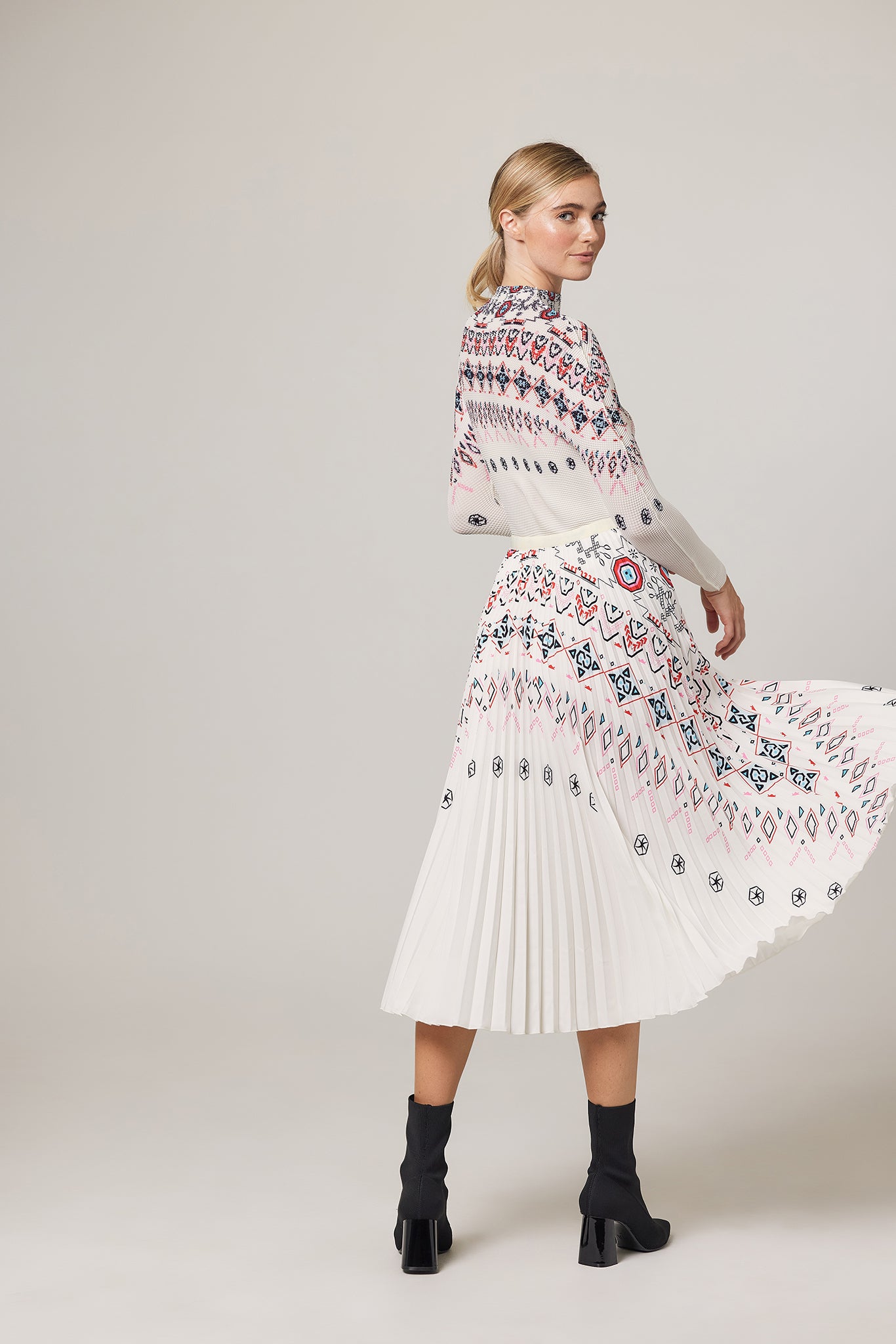 Noelle Fair-Isle Print Pleated Skirt