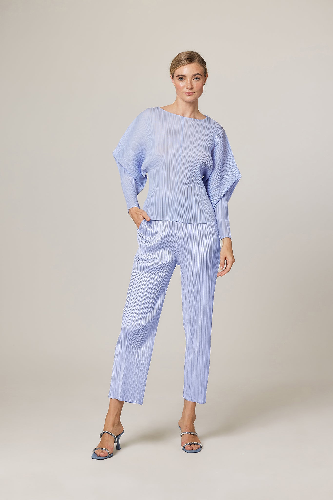 Abigail Curve Sleeves Plissé Satin Top