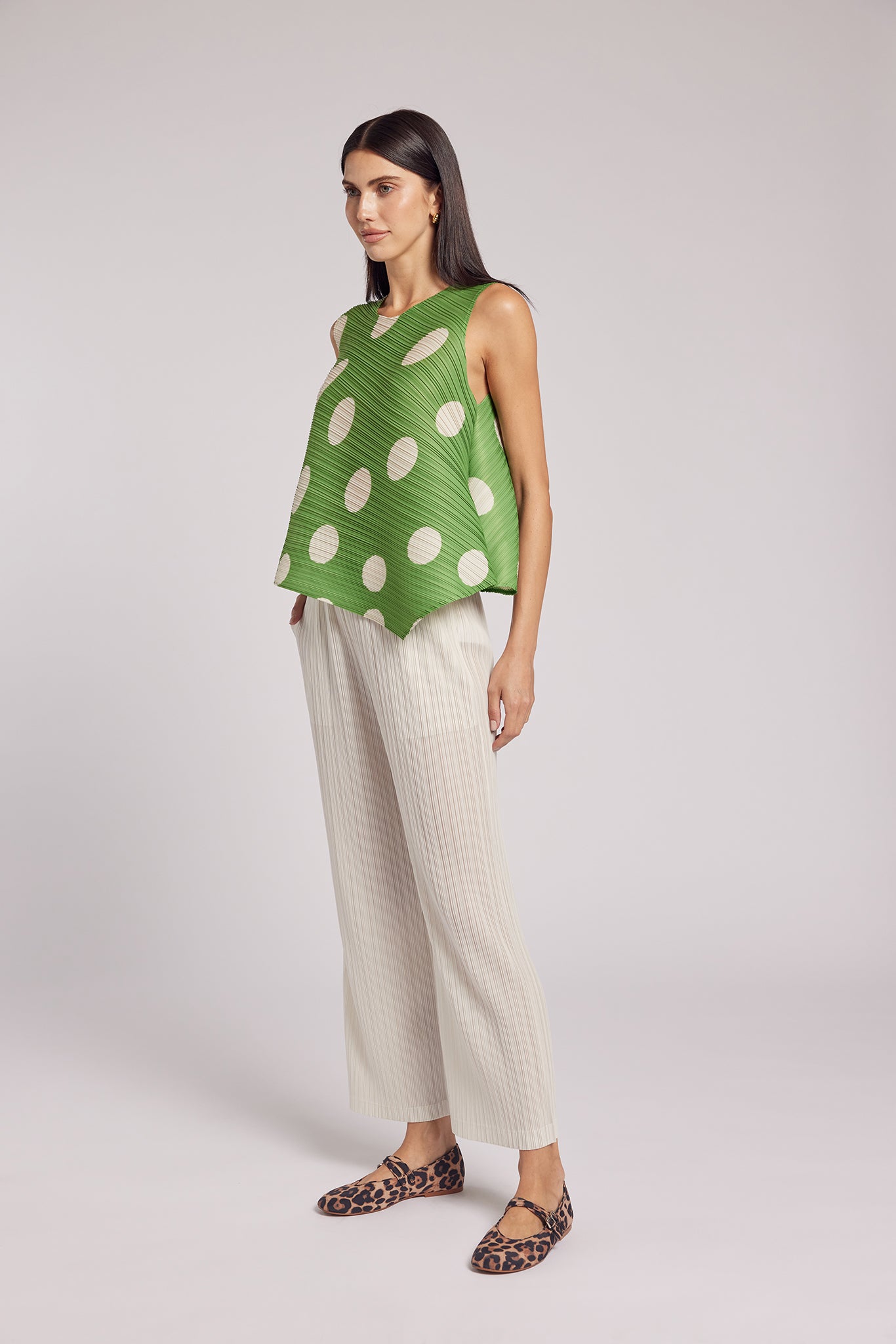 Sera Polka Dot Diagonal Plissé Tank