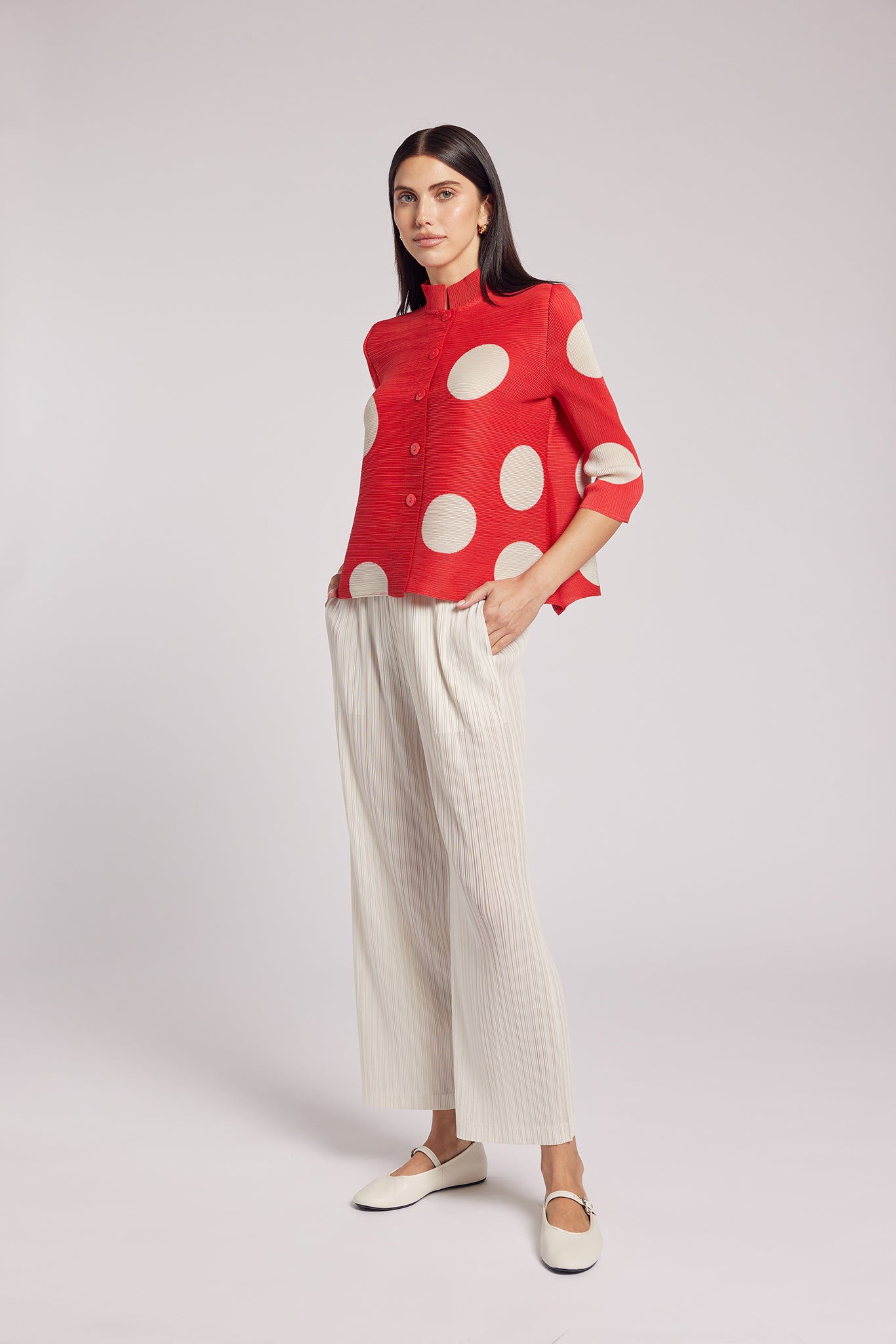 Mari Dot Print Mandarin Collar Crystal Pleats Shirt