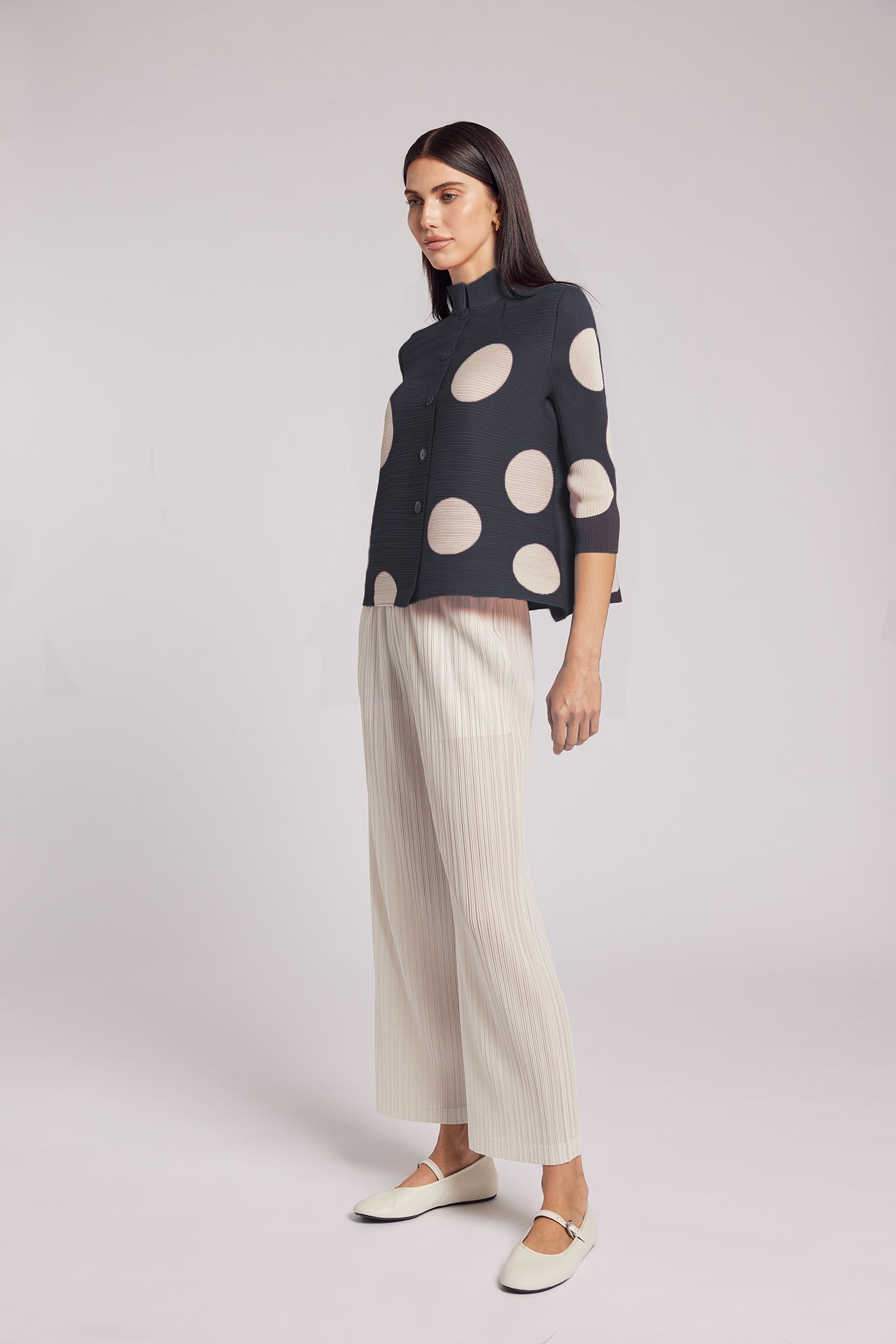 Mari Dot Print Mandarin Collar Crystal Pleats Shirt