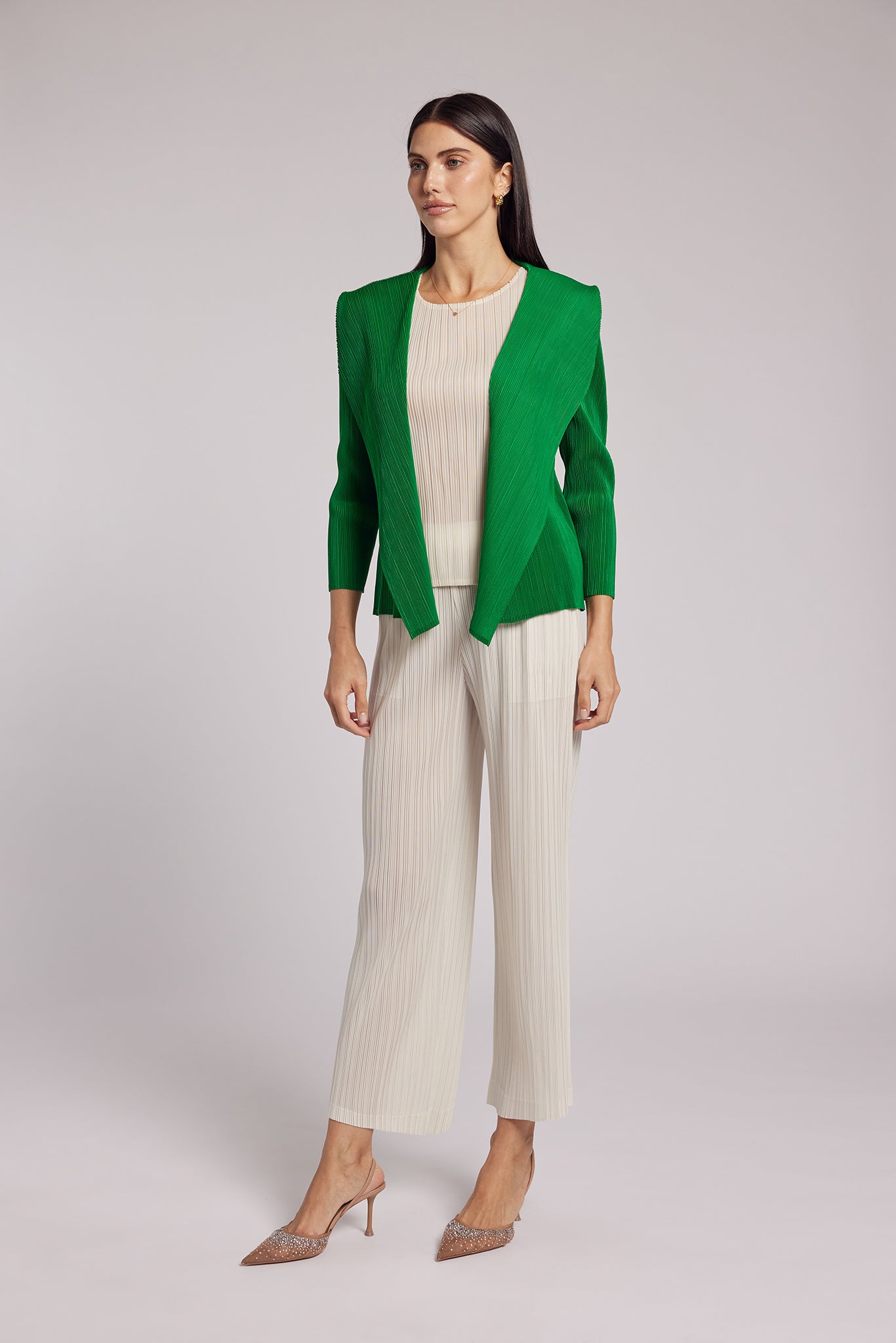 Jade Crystal Pleats Shawl Cardigan