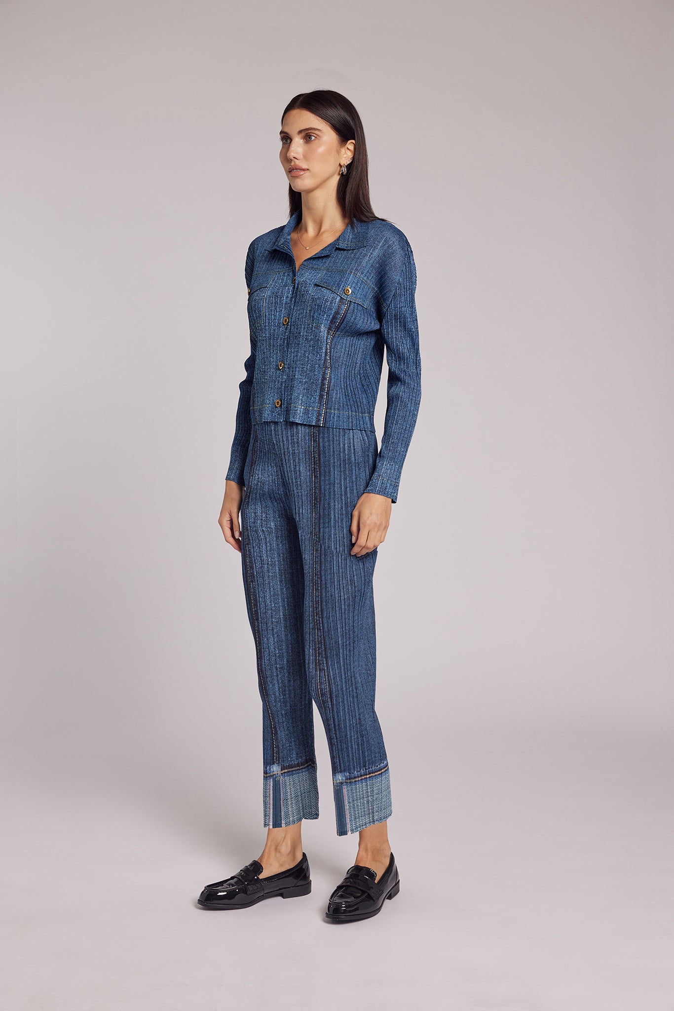 Martha Look of Denim Plissé Satin Jacket