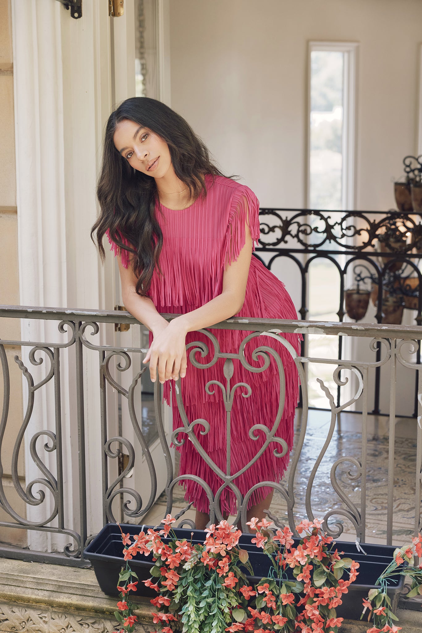 Kayla Fringe Plissé Satin Dress