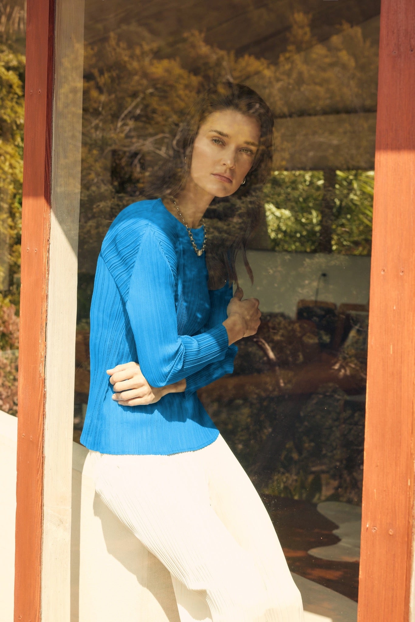 Evelyn Long Sleeve Plissé Satin Top