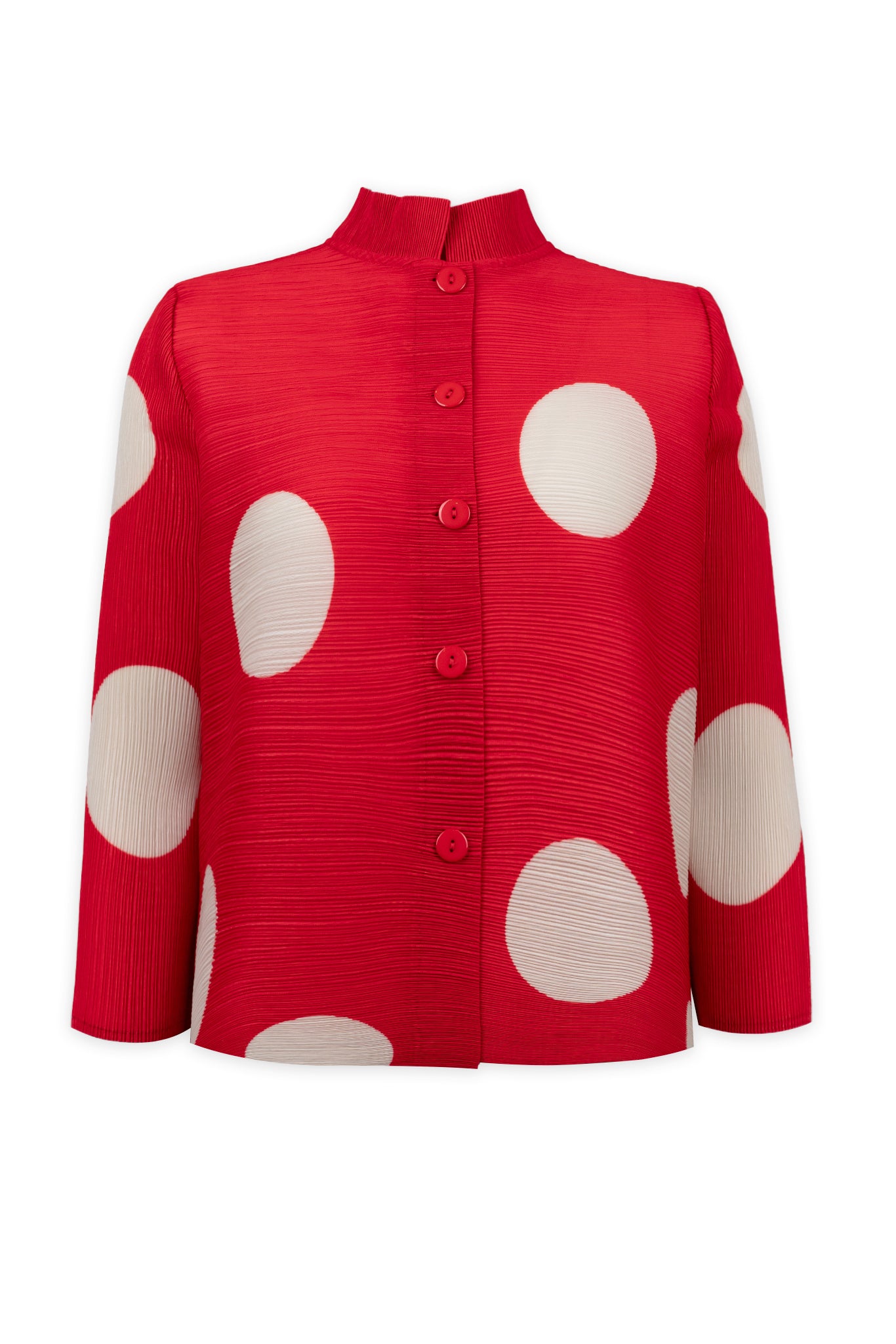 Mari Dot Print Mandarin Collar Crystal Pleats Shirt