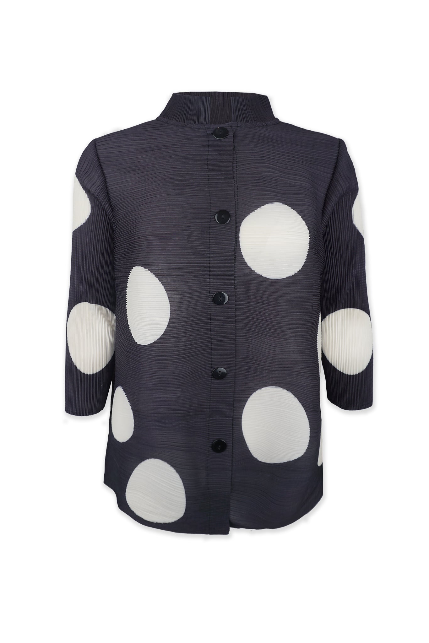 Mari Dot Print Mandarin Collar Crystal Pleats Shirt